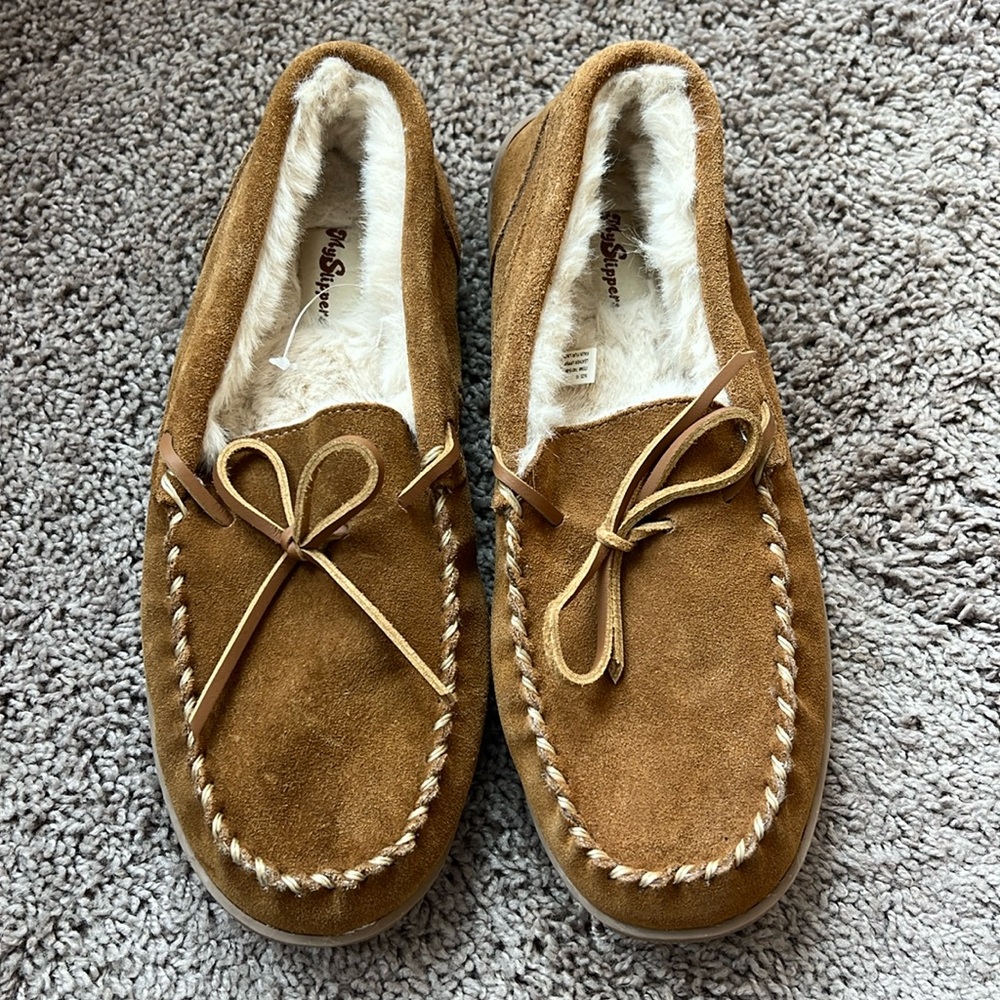MySlipper Women’s Suede Moccasin Slippers Faux Fur Lined Cozy Chestnut